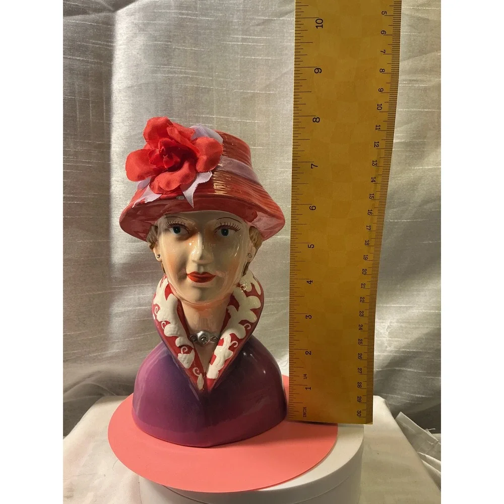 Vintage Style Ceramic Lady Head Vase Purple Coat Red Hat Floral Accent 9.5 inch